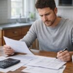 Homeowner reviewing mortgage documents and financial figures at the kitchen table while evaluating whether refinancing makes long-term financial sense.